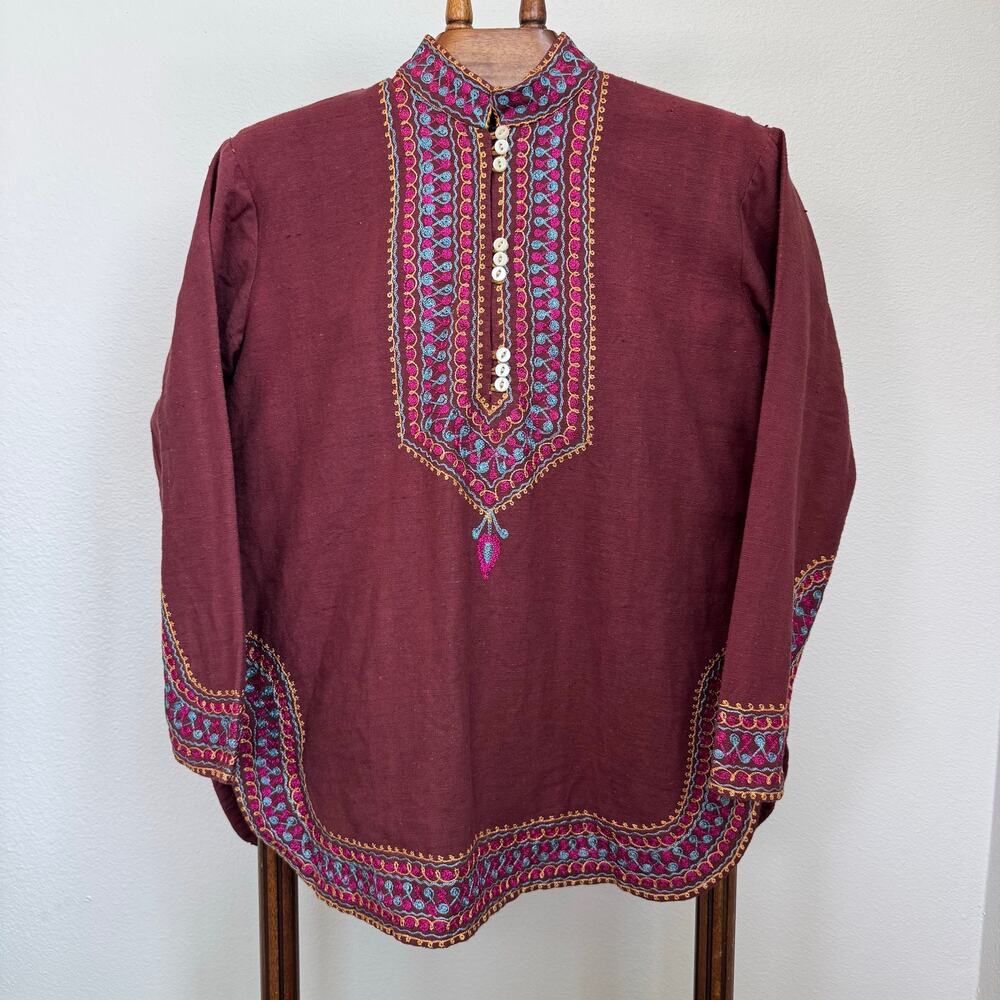 Vintage Handmade Linen Embroidered Tunic Top L Brown Ethnic Boho Festival India
